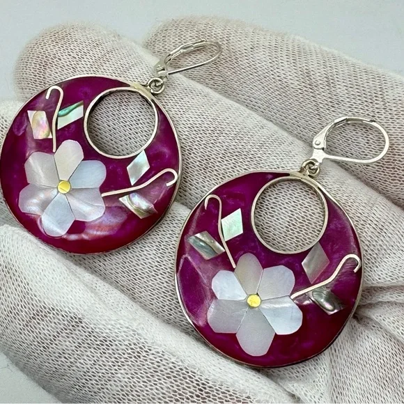 Vintage Taxco Mexico Silver Mother of Pearl Abalone Pink Flower Dangle Earrings - Picture 8 of 9